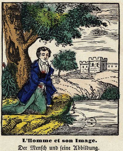 Fables de La Fontaine: mennesket og hans bilde. Bilde av Epinal, første halvdel av 1800-tallet. av French School