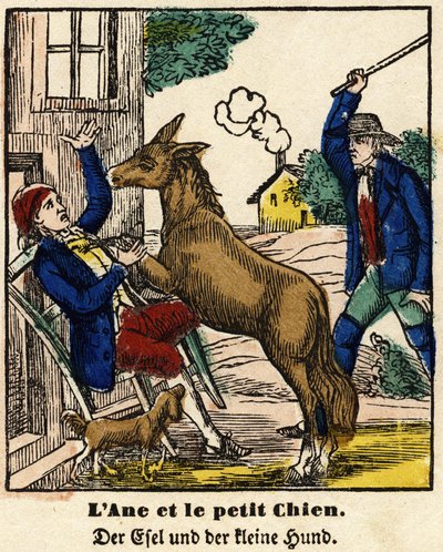 Fables of La Fontaine: eselet og den lille hunden. Bilde av Epinal, første halvdel av 1800-tallet av French School