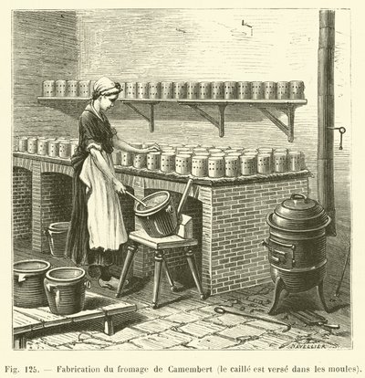 Produksjon av Camembert ost, vaktelen helles i formene (gravering) av French School