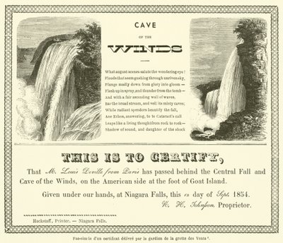 Faksimile av et sertifikat utstedt av vokteren til Cave of the Winds (gravering) av French School