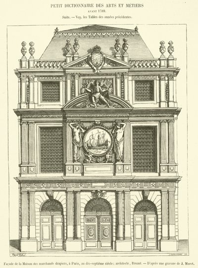 Fasade til Maison des Marchands Clothiers, i Paris, på det syttende århundre (gravering) av French School