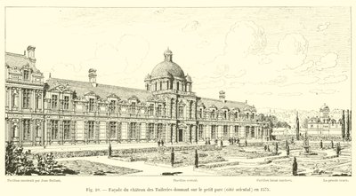 Fasade av Chateau des Tuileries med utsikt over den lille parken, østsiden, i 1575 av French School