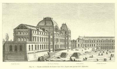 Vestlig fasade av Louvre rundt 1650, etter en gravering av I Sylvestre av French School