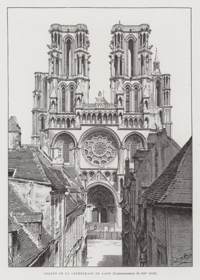 Fasade til Laon katedral, tidlig på 1200-tallet (litho) av French School