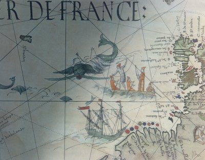 Facsmile of Whaling and Isle of Saint Brandon, detalj fra et portolan-kart av Pierre Desceliers, 1546, publisert i Monuments de la Geographie av Edme Francois Jomard (1777-1862) av French School