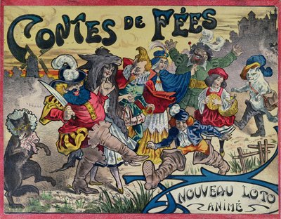 Eventyrfigurer malt på bokslokket til et lottospill av French School