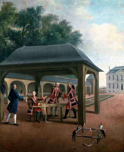 Falkejakt avl falker for jakt. Maleri av den franske skolen på 1700-tallet. Versailles, slottsmuseum av French School