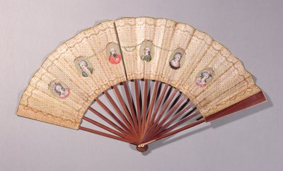 Fan som skildrer karakterer involvert i Affaire du Collier, 1786 (wc på papir) av French School