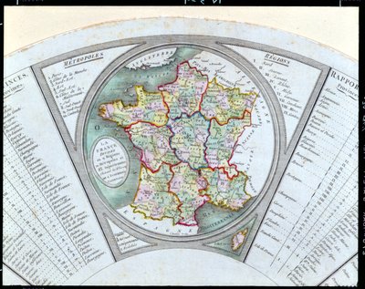 Vifte som viser kartet over Frankrike som delt inn i 9 regioner, 10 metropoler og 83 avdelinger, 1790 av French School