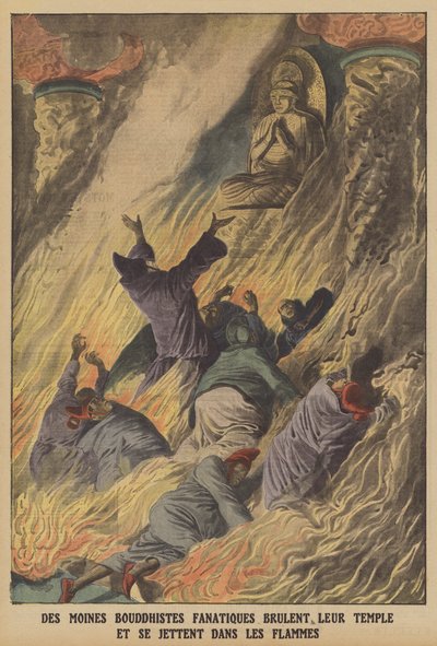 Fanatiske buddhistiske munker som brenner templet sitt og kaster seg inn i flammene på øya Formosa (farge litho) av French School