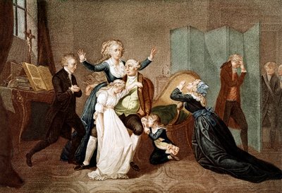 Farvel til Louis XVI av hans familie i tempelet, 20. januar 1793 - Det siste intervjuet av Louis XVI med familien hans (Marie Antoinette og deres barn Marie Therese eller Madame Royale (1778-1851) og Louis XVII (1785-1795), kvelden før henrettelsen hans i  av French School