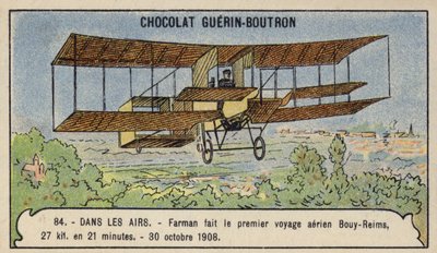 Farman foretok den første langrennsflyet i Europa, fra Bouy til Reims, Frankrike, 30. oktober 1908 (chromolitho) av French School
