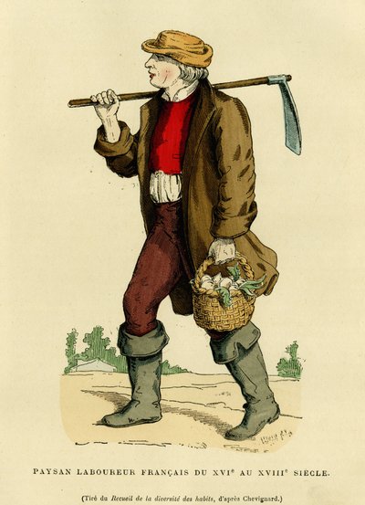 Bondedrakt fra 1600- til 1700-tallet. Fargegravering etter en tegning av Chevignard, i «France et les francais a travers les centuries» av Augustin Challamel, F.Roy-redaktør, Paris 1882. Selva-samlingen. av French School