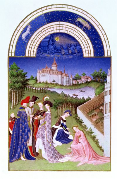 Faksimile av april: høviske skikkelser på slottsområdet av Limbourg-brødrene, fra Tres Riches Heures du Duc de Berry (for original se 8436) av French School