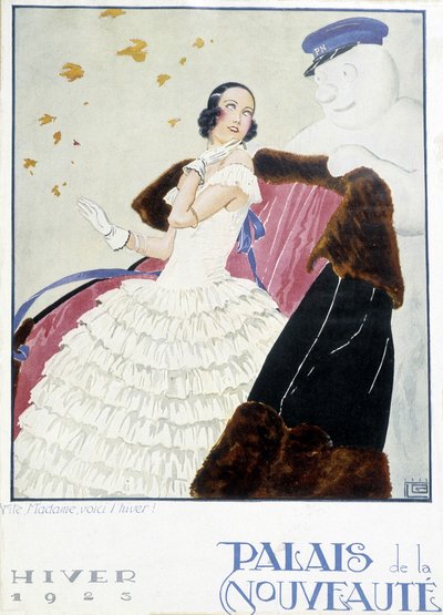 Mote: 1925-reklame for pelsverk (Palais de la Nouveaute) (litografi) av French School