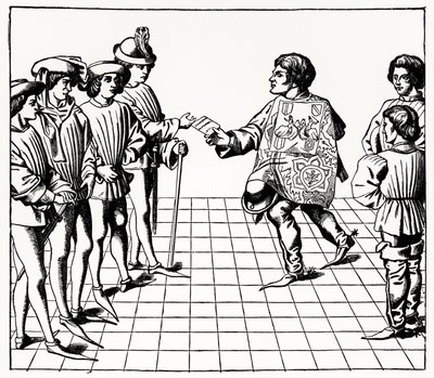 Fashion and Manner of the King of Arms, fra Tournois du roy Rene, illustrasjon fra Science and Literature in the Middle Ages and Renaissance, skrevet og gravert av Paul Lacroix, 1878 (gravin av French School