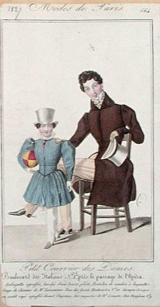 Moteplate som viser antrekk for en far og hans sønn, reklame for "Petit Courrier des Dames" av French School