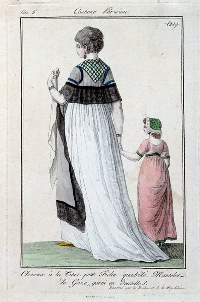 Mote under ledelsen: elegant ung parisisk kvinne iført Titus, gasbind med blonder. 1797. Paris, draktmuseum av French School