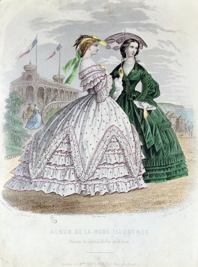 Fasjonable parisiske damer ved havet, 1861 (fargegravering) av French School