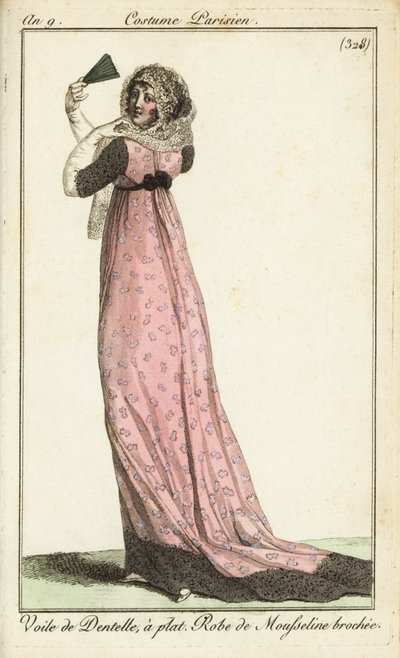 Fasjonabel kvinne i blondeslør, damask muslinkjole av French School