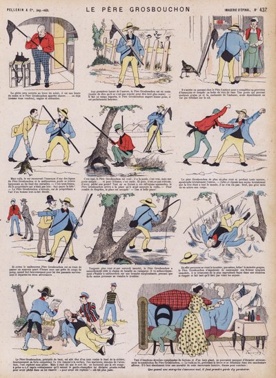 Far Grosbouchons skjebnesvangre fisketur (farge litho) av French School