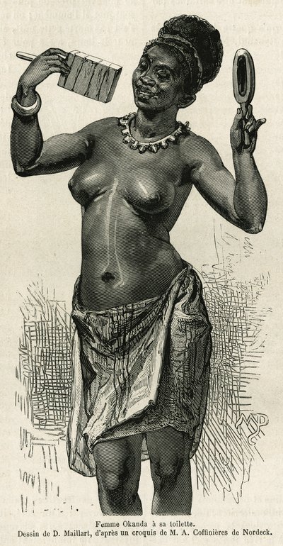 Femme Okanda har toalettet sitt, tegnet av D.Maillard, for å illustrere historien om en tur til Gabon og elven Ogoue, i 1875-1877, av Alfred Marche. Gravering i Le tour du monde av French School