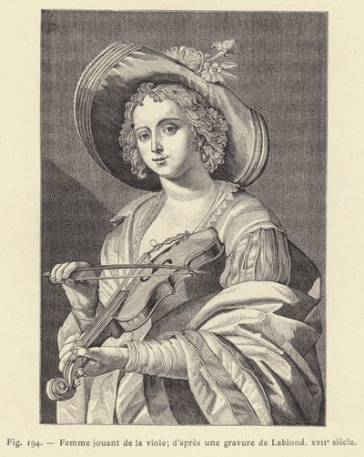 Kvinne som spiller fiol, etter en gravering av Leblond, 1600-tallet (gravering) av French School