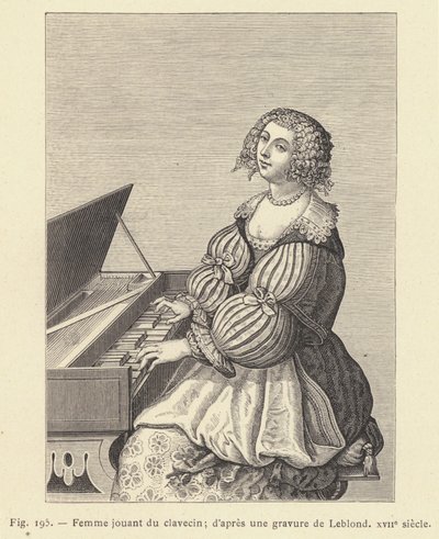 Kvinne som spiller cembalo, etter en gravering av Leblond, 1600-tallet (gravering) av French School