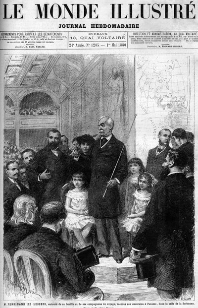 Ferdinand de Lesseps er omgitt av sin familie og reisefølge, og forteller om turen til Panama i Salle de la Sorbonne. Forside av "Illustrous World" fra 1880. av French School