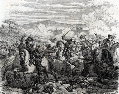 Ferdinand de Marsin dødelig såret i slaget ved Torino 1706 (gravering) av French School