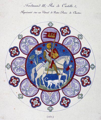 Fernand III, kongen av Castilla, representerer på et glassmaleri av Notre Dame de Chartres (1252). College-liknelse. av French School