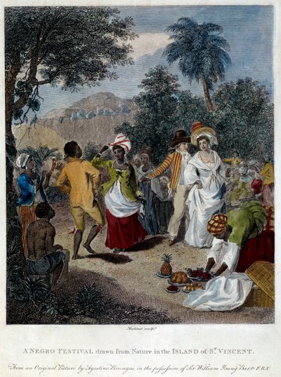 Fete negre på øya Saint Vincent (Sentral-Amerika, Antillene). Gravering av 1800-tallet. Chartres, Museum of Fine Arts av French School