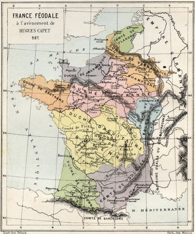 Føydalisme - Frankrike Føydalisme ved ankomsten av Hugues Capet - 987 - gravering fra "" Frankrikes historie fortalt til mine barnebarn"" - av Francois Guizot - 1872-1876 av French School