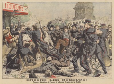 Kamp mellom apacher og politiet på Place de la Bastille i Paris (fargelitografi) av French School