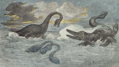 Kamp mellom en Plesiosaurus og en Ichthiosaurus i lias- eller juraperioden (208 til 146 millioner år siden), 1880 (fargegravering) av French School