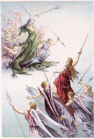 Kamp mellom onde og gode ånder i havet - i "" Reise til havets bunn"" av H. de la Blanchère. Paris, red. Jouvet et Cie, sd. 1880. (dobbel 02950) av French School