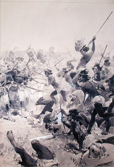 Kamp mellom zuluer og engelske soldater, ca. 1878 (akvarell på papir) av French School