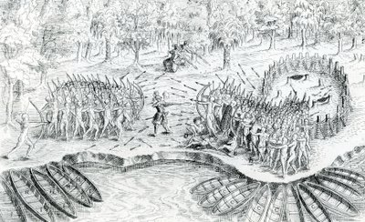 Fighting of Hurons, fra Voyage de Champlain i 1624 av Samuel de Champlain, 1567-1635 av French School