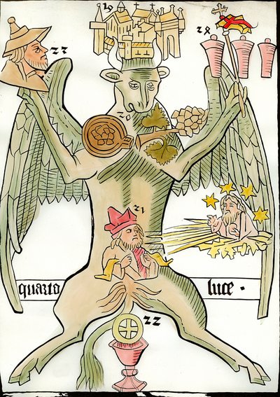 Figur som symboliserer evangelisten Saint Luke: en okse forbinder med byen Jeriko (eller Jerusalem), en drueklase, en profet, den siste doms Kristus dukker opp med stjerner og solstråler, et portrett av en jøde, en kalk . Gravering fra «Ars av French School
