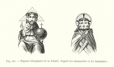 Trehodede figurer av treenigheten, fra manuskripter og inkunabler (gravering) av French School