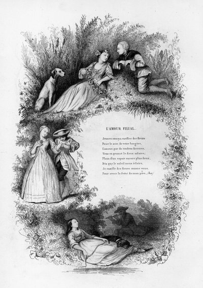 Filial kjærlighet. En ung mann forfører tre unge kvinner på landsbygda. Gravering i "" Chants et chansons populaire de la France", Tome 2 av French School