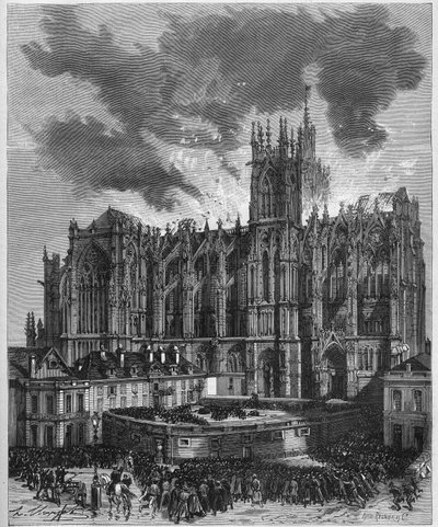 Brann fra Cathedrale Saint Etienne (Saint Stephen) av Metz (Moselle, 57), 7. mai 1877. Gravering i "" Le Monde Illustré"" nr. 1049 av 19. mai 1877. av French School