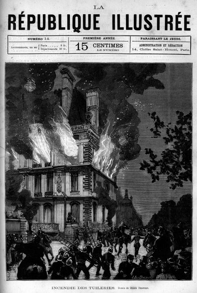 Brann fra Flore-paviljongen i Tuileriene i Paris. En avis. Gravering fra 1880 i "La republique illustree"" privatsamling. av French School