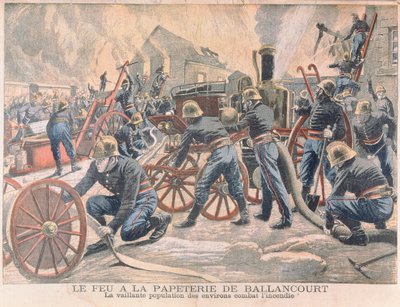 Brannmenn som bekjemper en brann ved en papirfabrikk i Ballancourt, fra Le Petit Journal, 1905 av French School