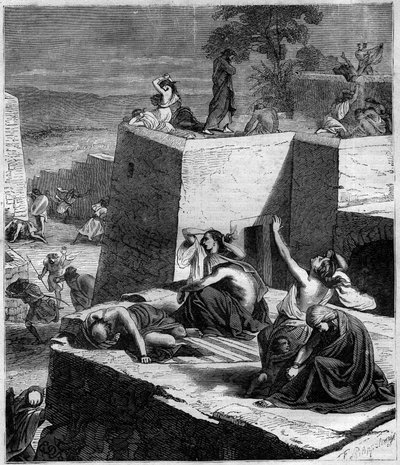 First Crusade (1096-1099): The German Crusades crush the Hungarians and set the cities on fire. Engraving in “Histoire des Papes-Rois-Queen and Empereurs a travers les centuries”” by Maurice Lachatre av French School