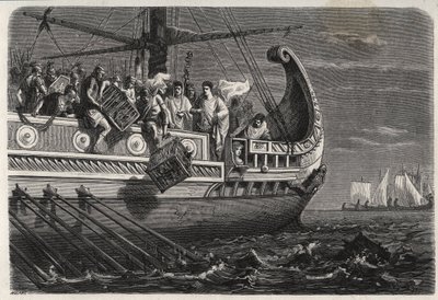 Første puniske krig - Publius Claudius Appius Pulcher (død rundt 240 f.Kr.) før slaget ved Drepanum (249 f.Kr.) får hellige kyllinger til å kaste i havet - Første puniske krig - Slaget ved Drepana - Publius Claudius Appius Pulcher før slaget ved Drepanum t av French School