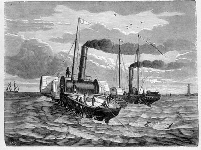 First attempt for the installation of an electric conductor from Dover to Calais (1851) - in “” Album of Science; illustrious scientists; Great discoveries””” 1896. av French School