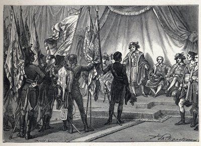 Første koalisjon: Joachim Murat (1767-1815) presenterer for hovedstyret flaggene erobret av den franske hæren, kommandert av Napoleon Bonaparte, under den italienske kampanjen. Gravering fra 1889. Privat samling. av French School