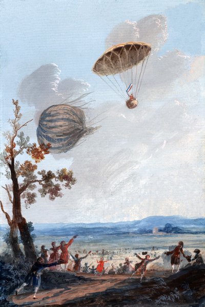 Første mann som gikk ned i fallskjerm, 22. oktober 1797, ved Parc Monceau, Paris, ca. 1797 av French School