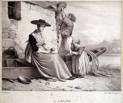 Fisherman, hans kone i regional drakt og deres barn i Arles av French School
